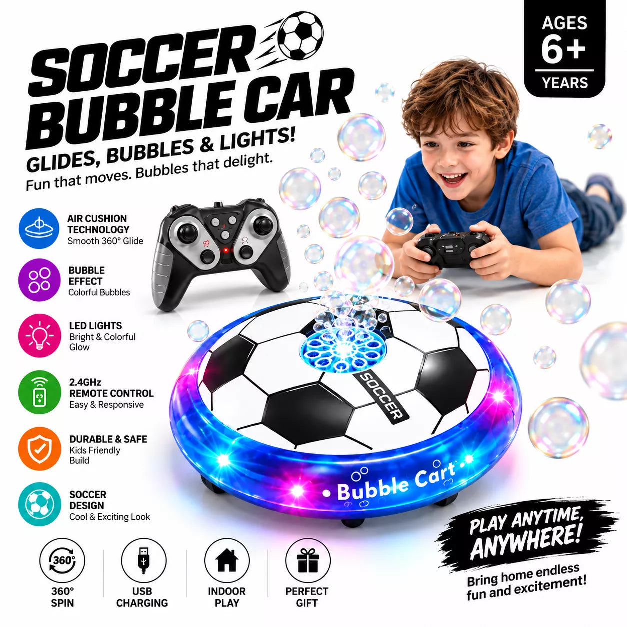 2.4GHz RC Soccer Bubble Car | 360° Spin, Auto Bubble Blower & LED Lights | Remote Control Bubble Car - Image 3