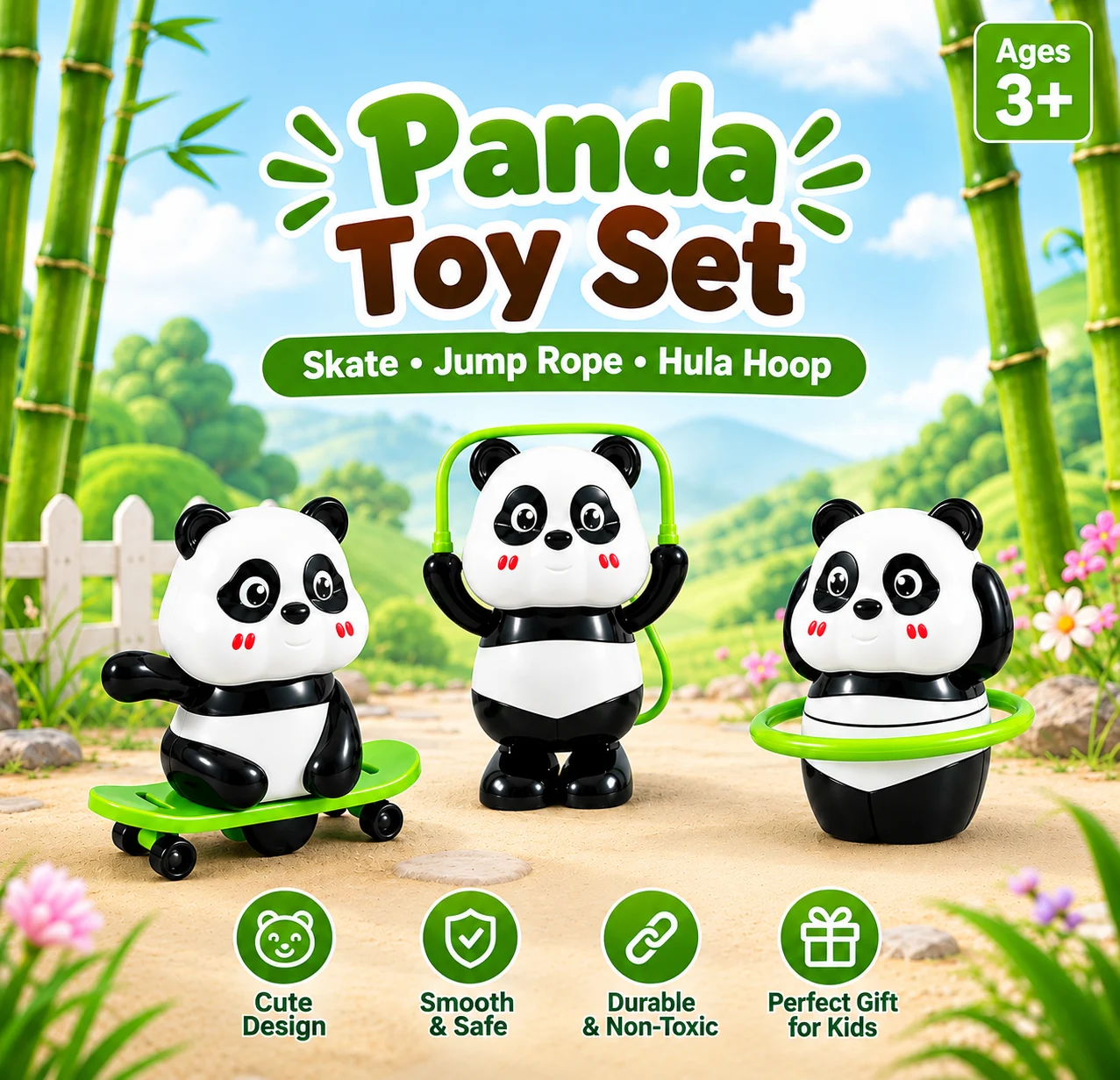 Panda Toy Set Of 3 for Kids – Skateboard, Jump Rope & Hula Hoop - Image 5