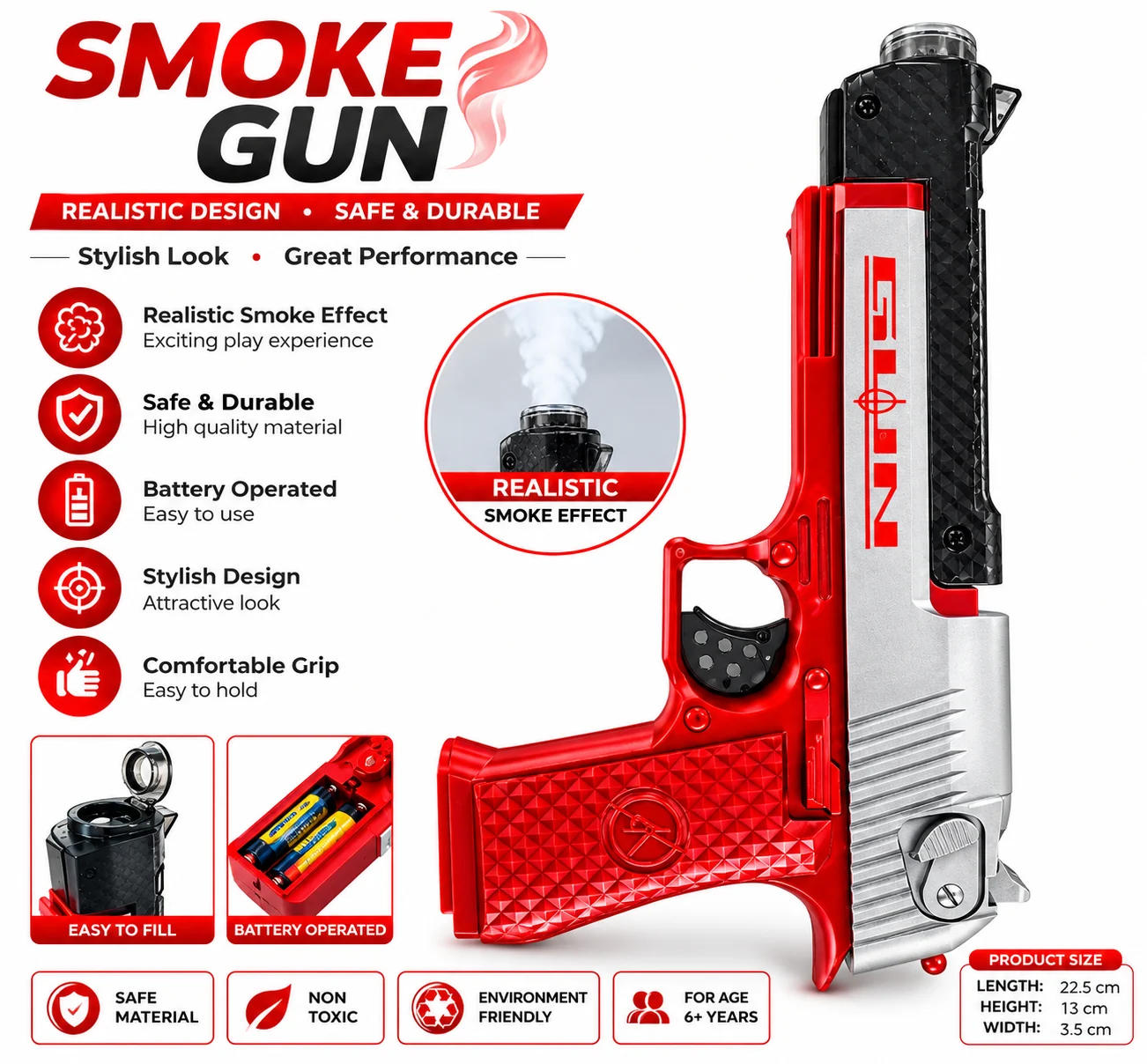 Smoke Effect Gun With Light and Shoot Sound Toy, Realistic, Battery Operated, Safe & Durable, for Age 6+ Years, 22.5 x 13 x 3.5 cm (Colour As per Availability) - Image 2