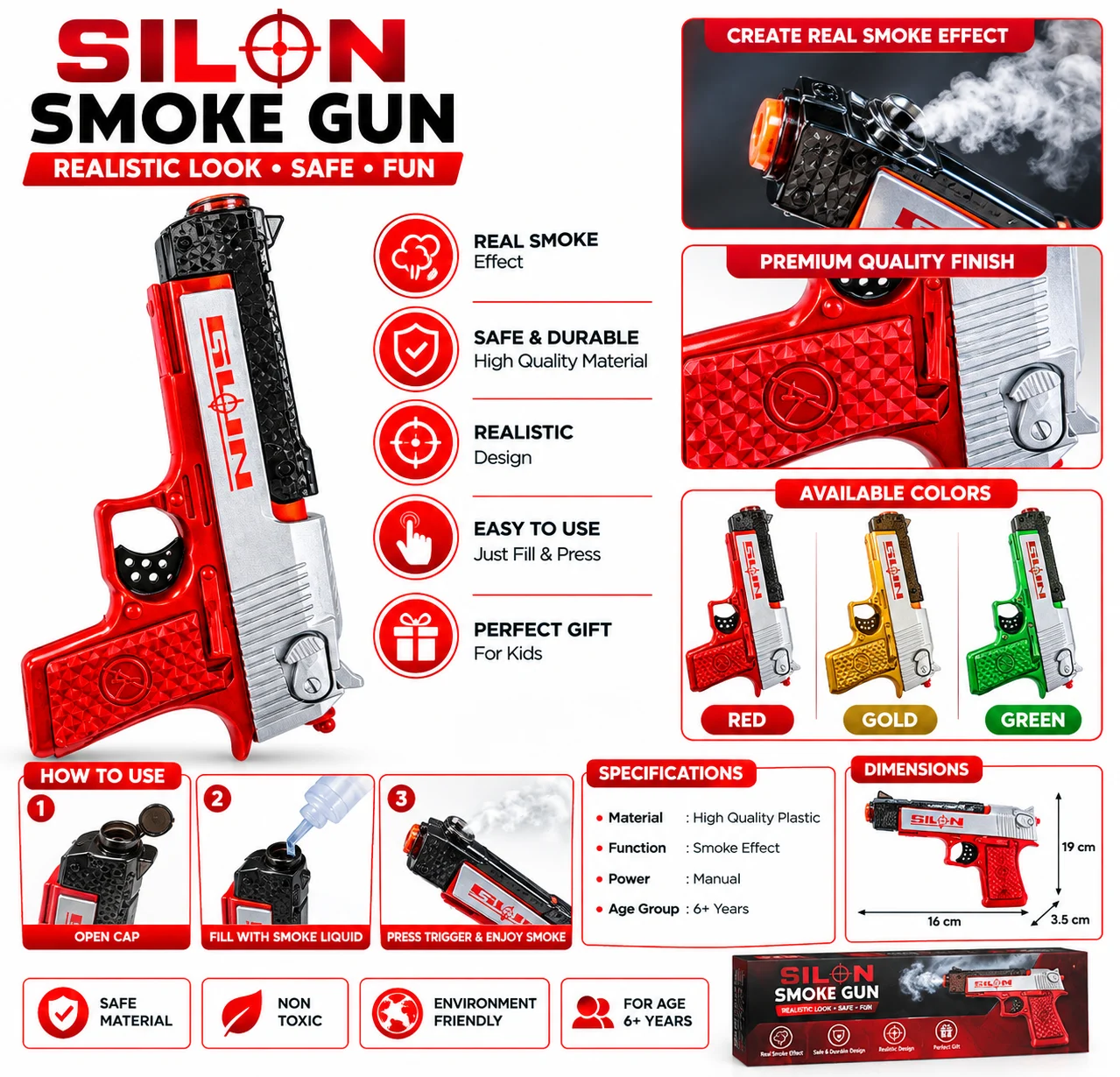 Smoke Effect Gun With Light and Shoot Sound Toy, Realistic, Battery Operated, Safe & Durable, for Age 6+ Years, 22.5 x 13 x 3.5 cm (Colour As per Availability) - Image 4