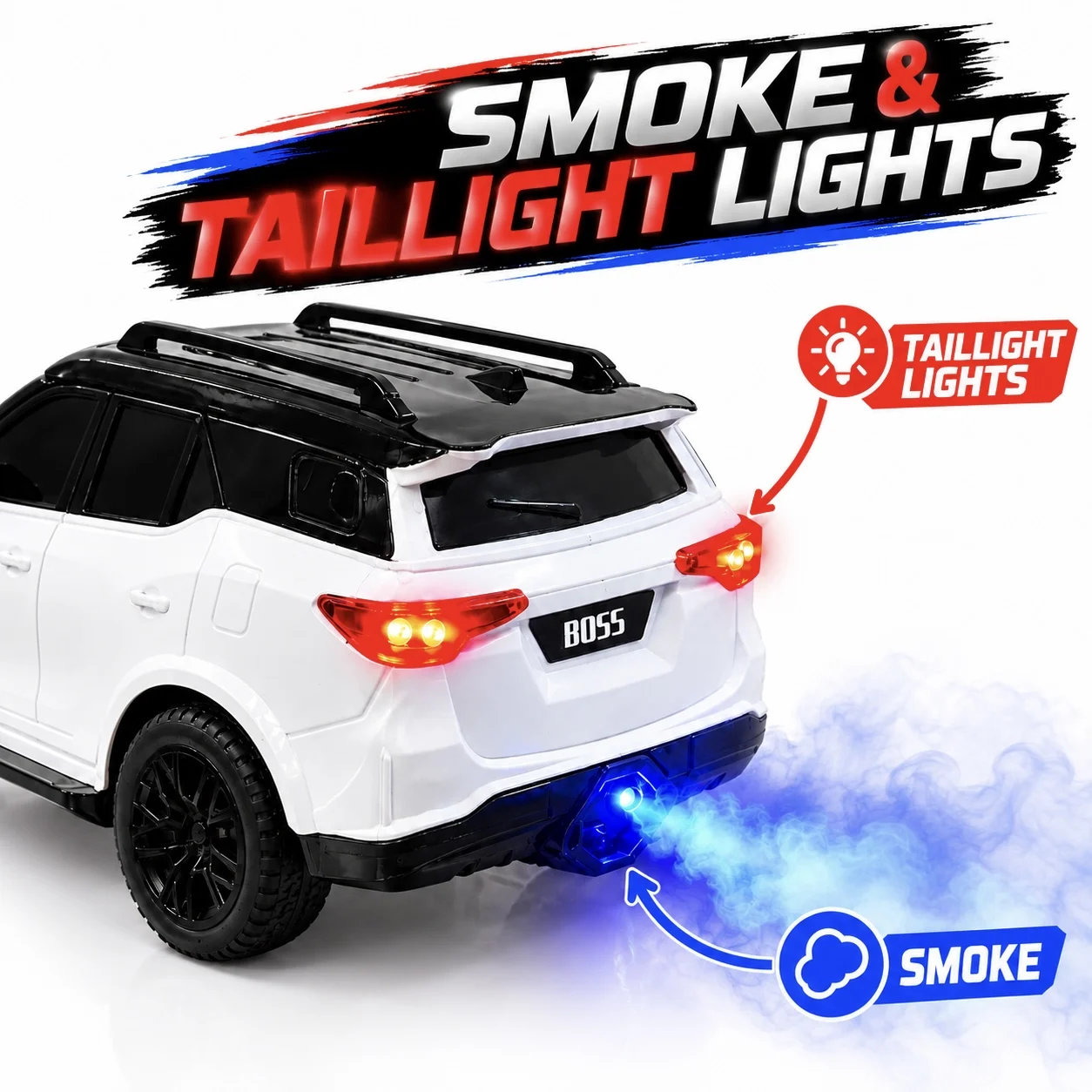 VIP Legender Fortuner Electric Car with Remote Control, Automatic Drive, LED Lights, Music, Hooter & Smoke Effect - Image 3