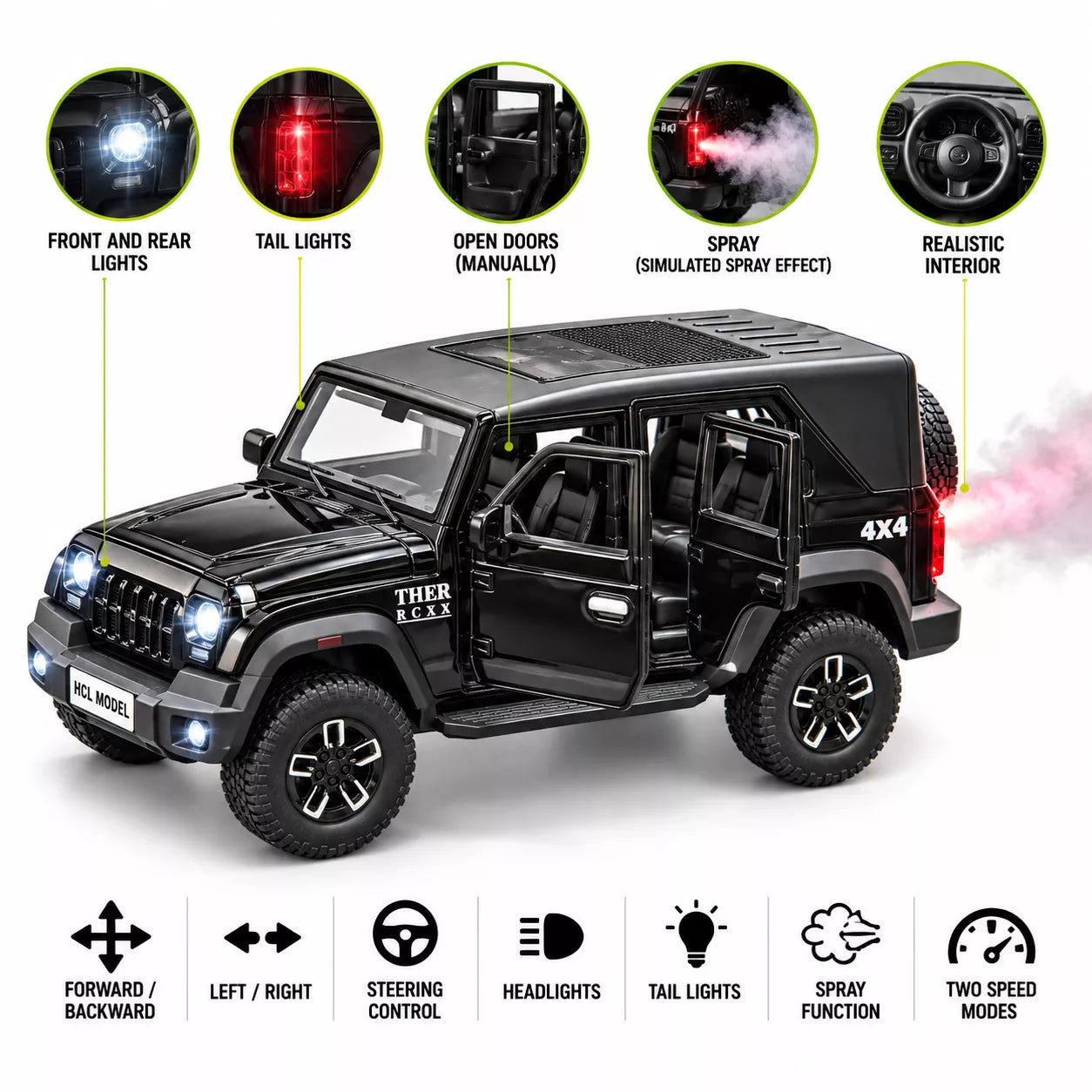 RC Thar Roxx 1:22 Die-Cast Metal Remote Control Car | 2.4GHz 4x2 SUV with Lights, Openable Doors, Spray Effect & 2-Speed Modes - Image 4